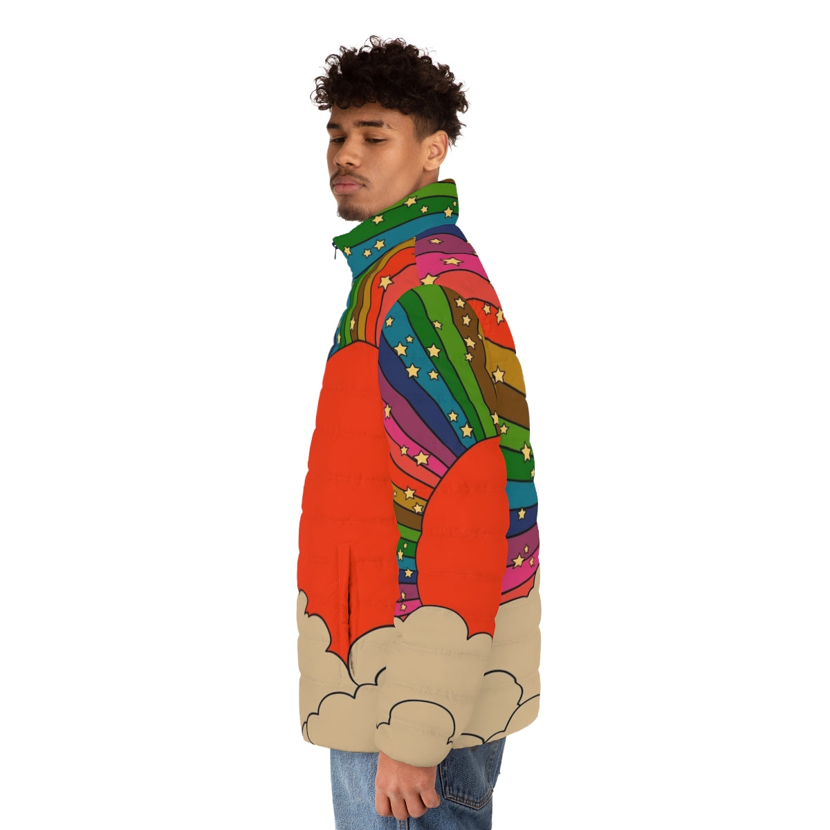 Vibrant rainbow-colored puffer jacket with a 70s groovy style - men side left