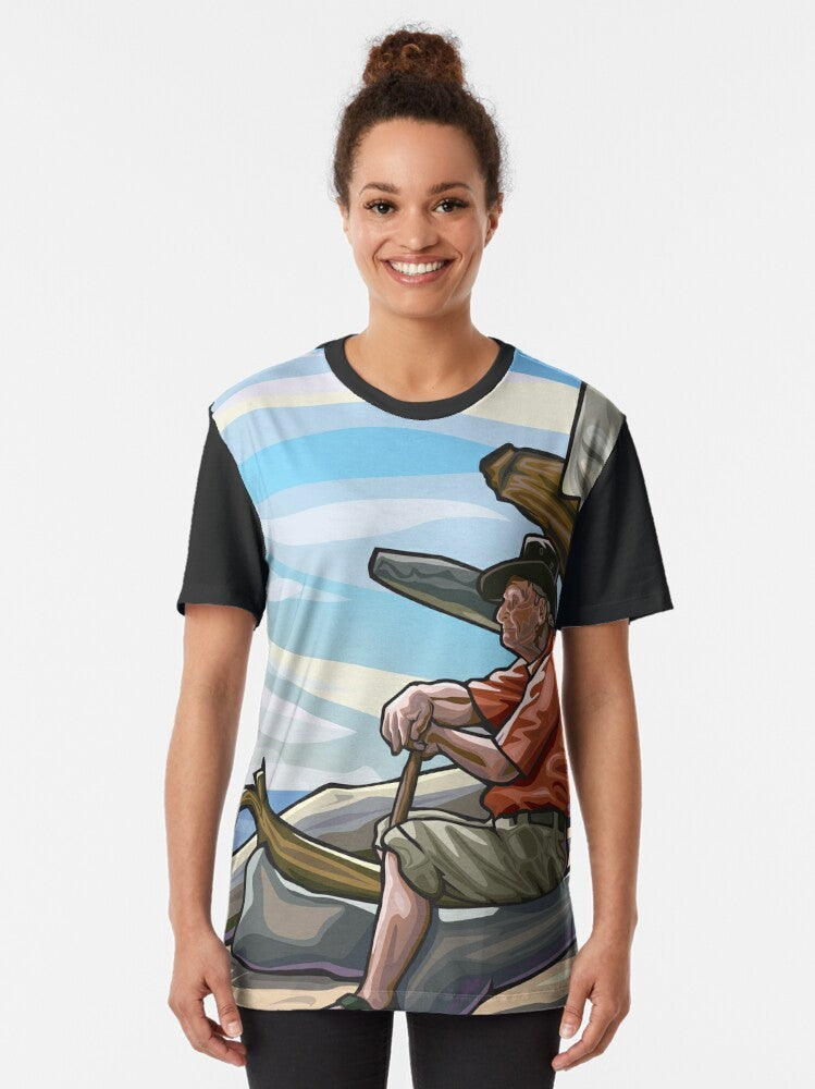 Coastal graphic t-shirt featuring abstract beach art design - Women