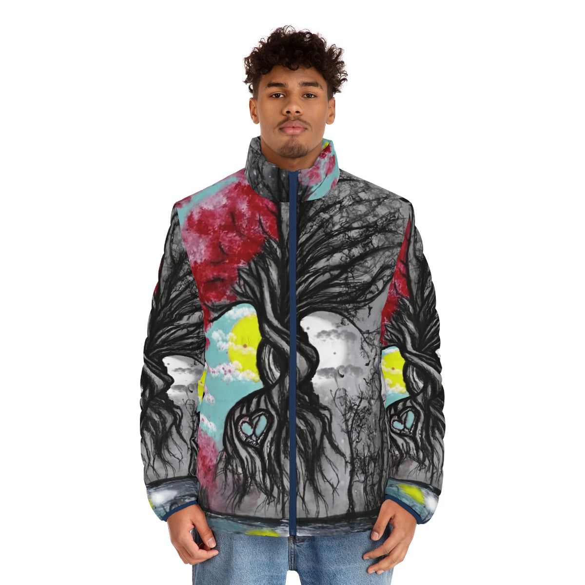 A puffer jacket featuring the symbolism of the Tree of Life, representing the circle of life. - men front