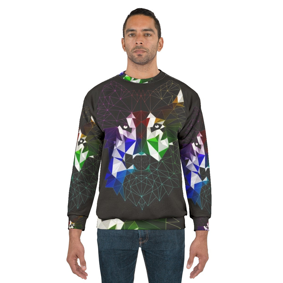 Geometric abstract wolf design on a grey sweatshirt - men