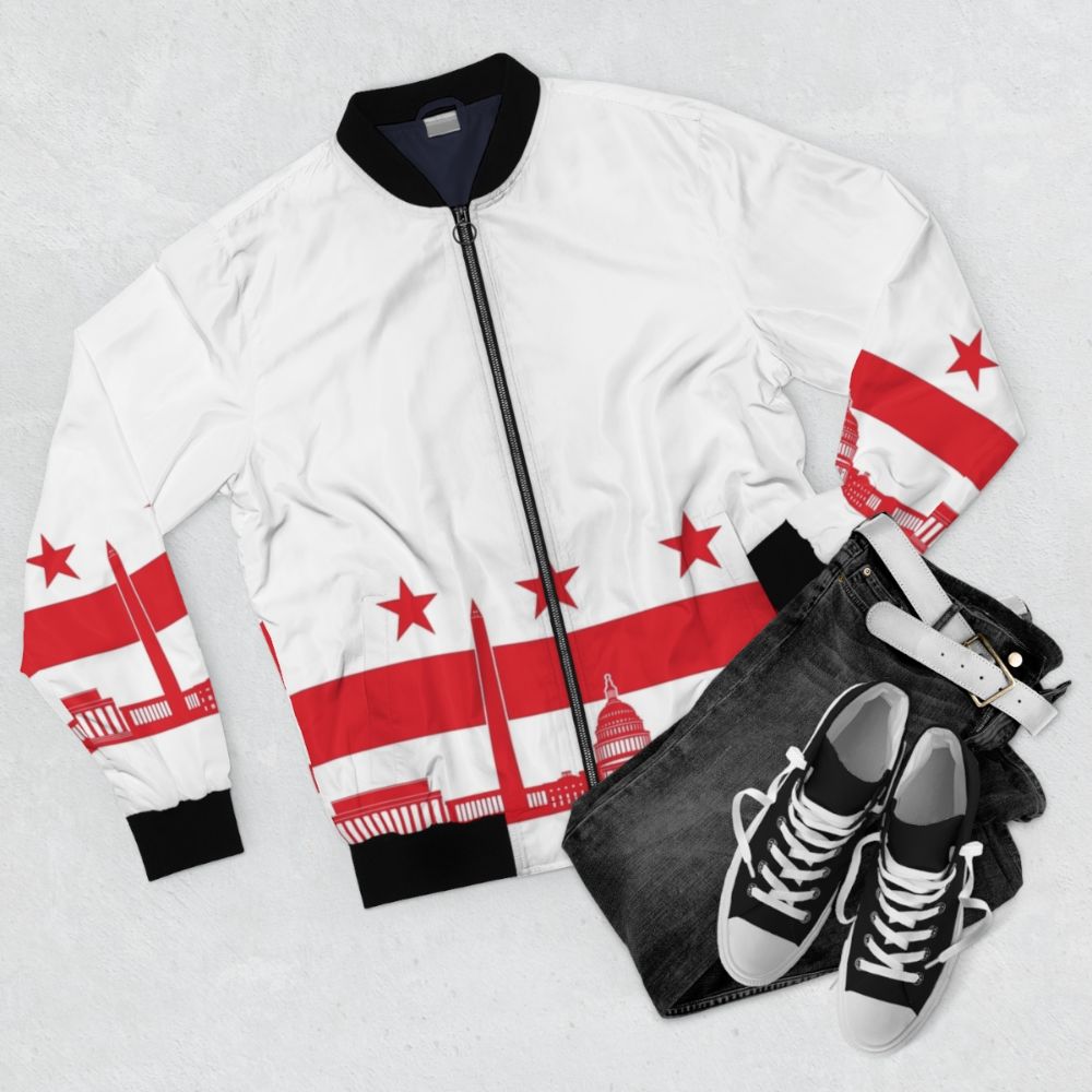 Washington DC capital city skyline flag bomber jacket with silhouette of buildings and landmarks - Flat lay