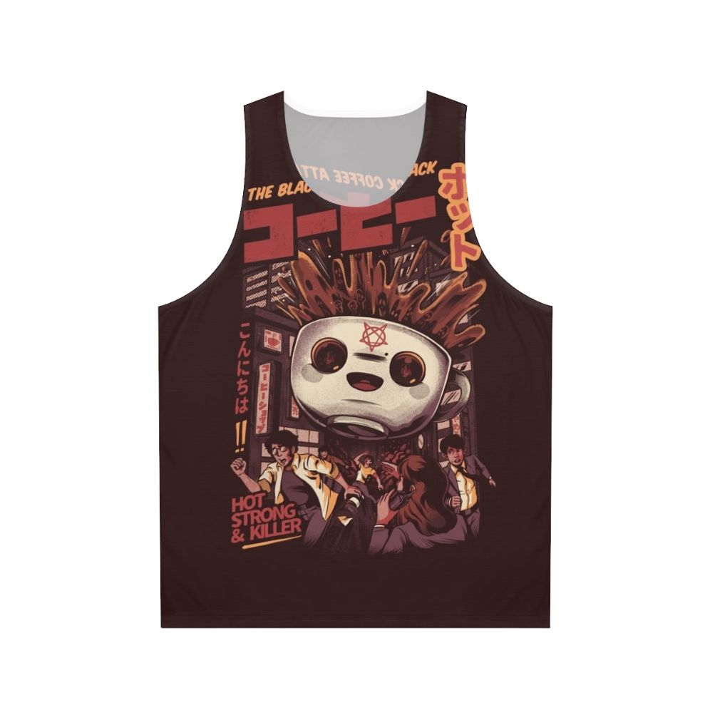 Black Magic Coffee Unisex Tank Top with Retro Japanese-Style Kaiju Monster Graphic