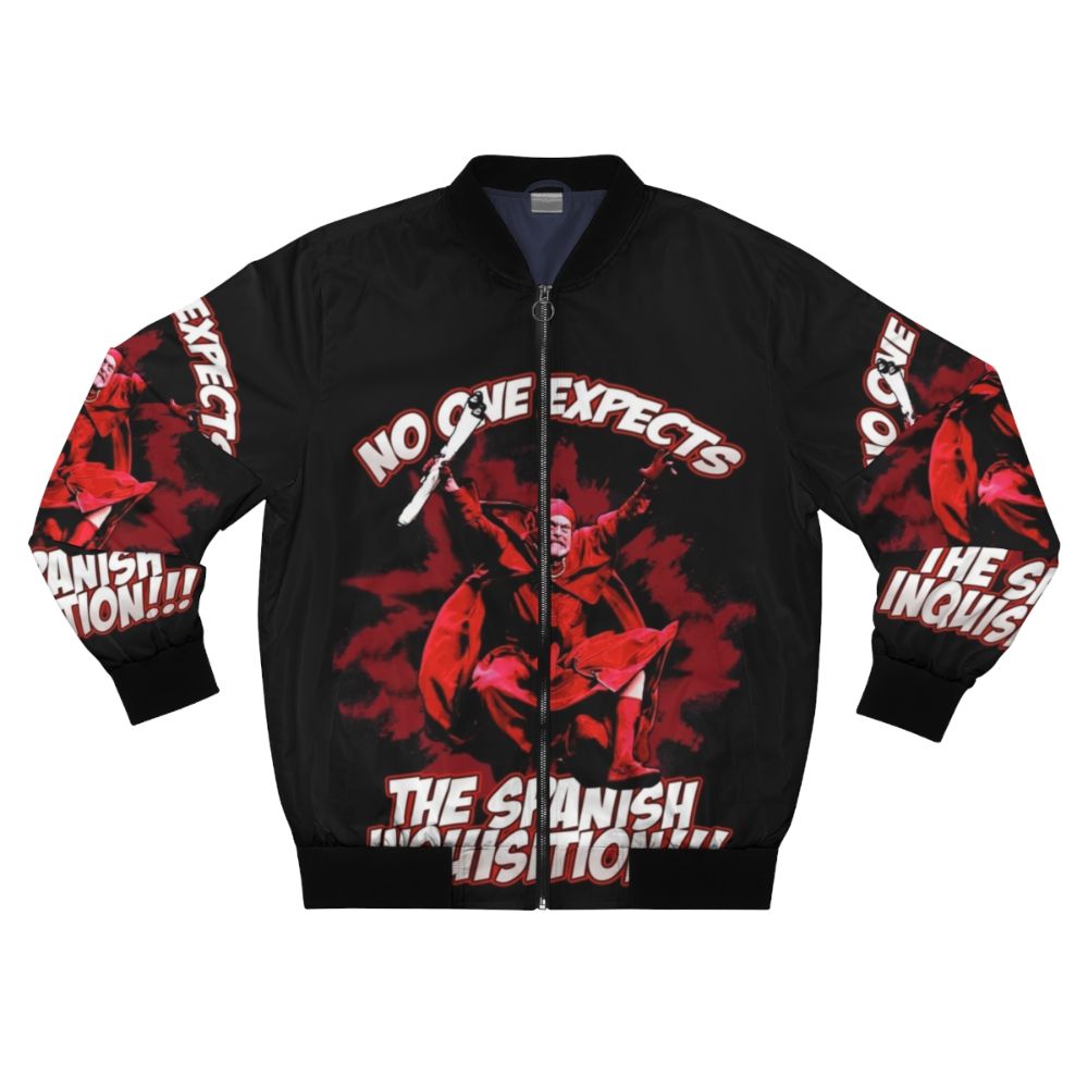 A bomber jacket featuring the famous "No one expects the Spanish Inquisition!" quote from Monty Python