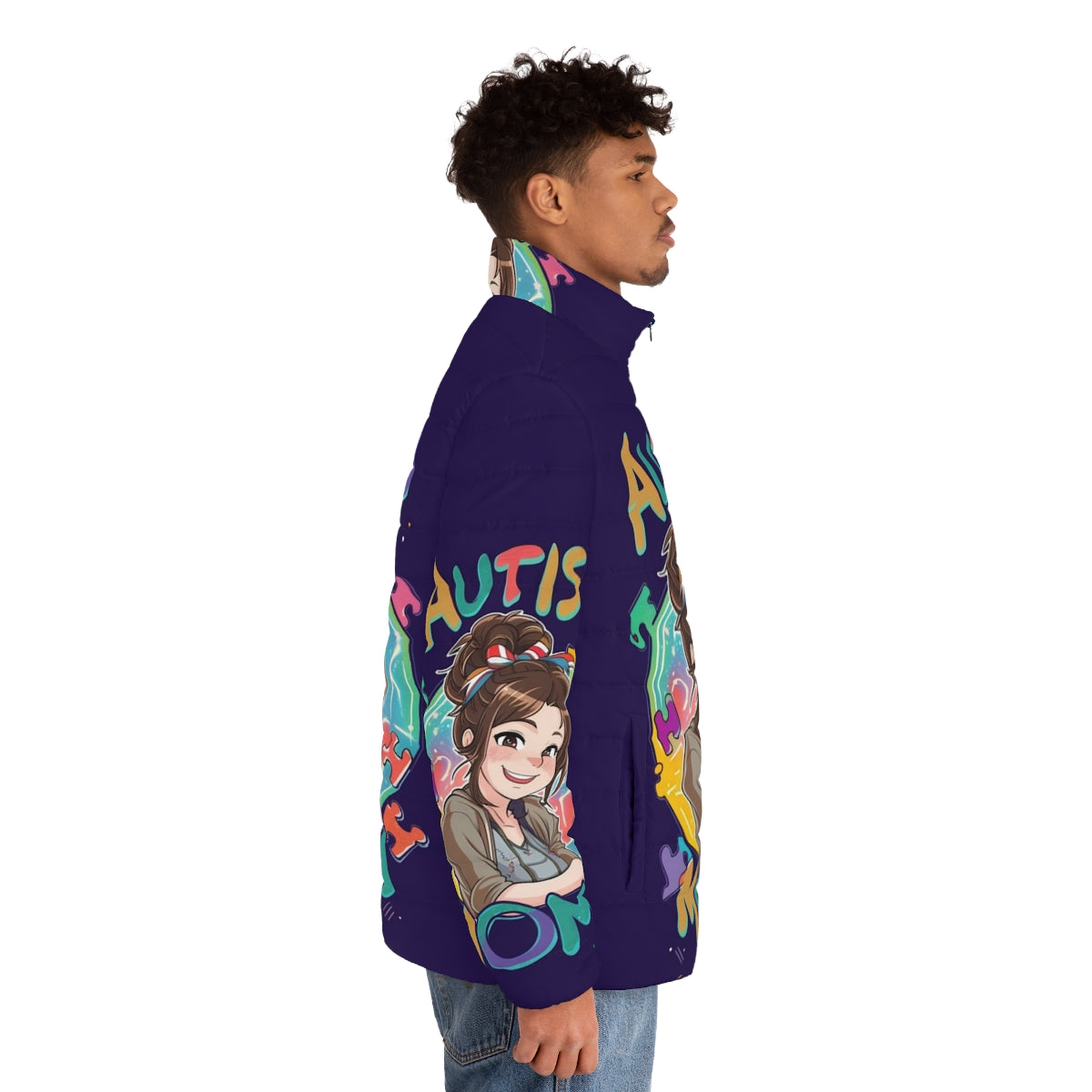 Autism Mom Puffer Jacket with Superhero and Inspiring Design - men side right