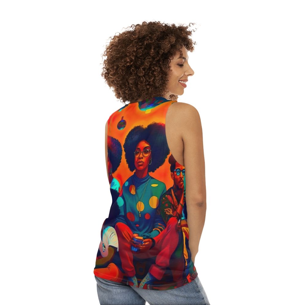 Unisex tank top with afrofuturistic, psychedelic art design - women back