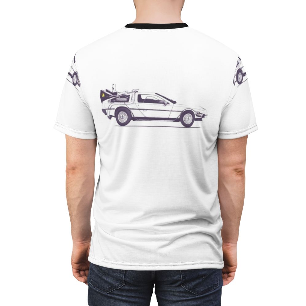 Vintage-style Delorean car graphic on a t-shirt - men back