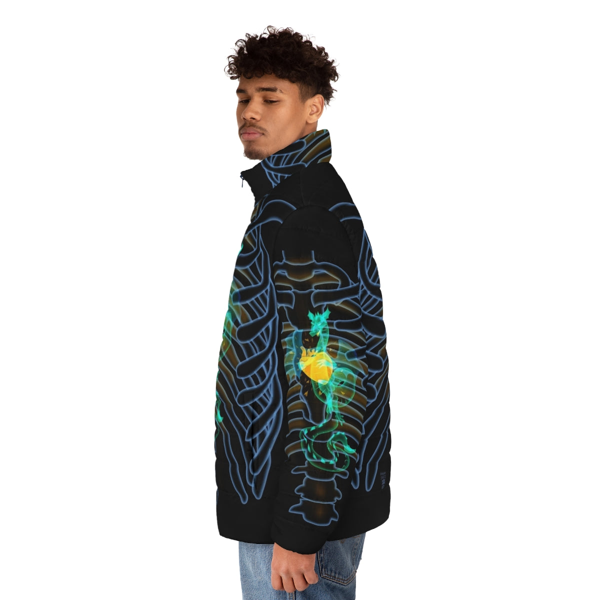 A man wearing a puffer jacket with a glowing dragon x-ray design on the chest - men side left