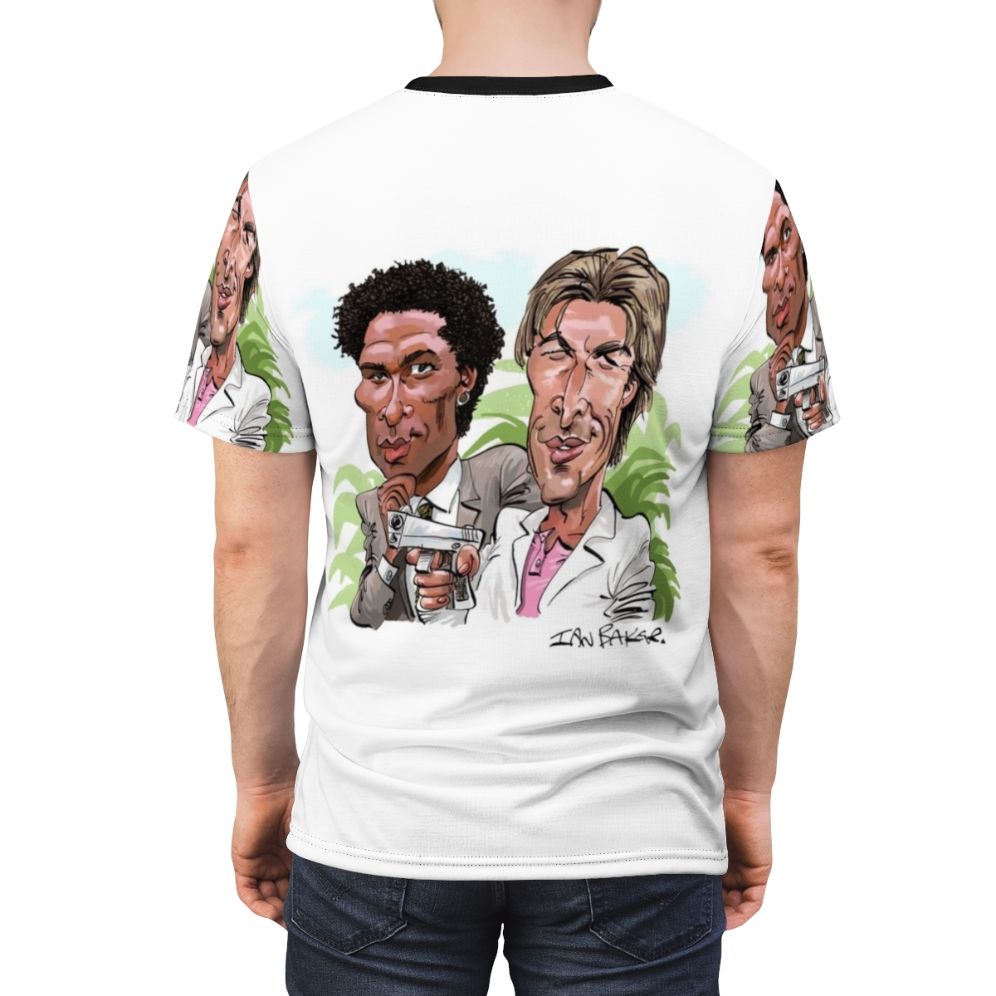 Retro 80s-inspired t-shirt with a cartoon caricature design featuring Miami-themed elements - men back