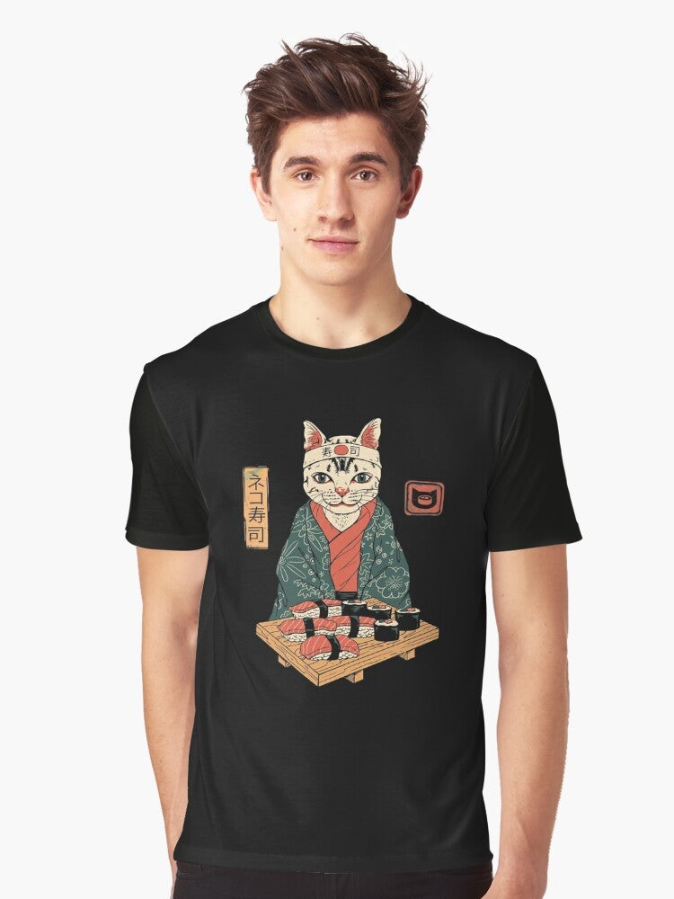 Neko Sushi Bar Graphic T-Shirt - Cute Cat and Sushi Design - Men