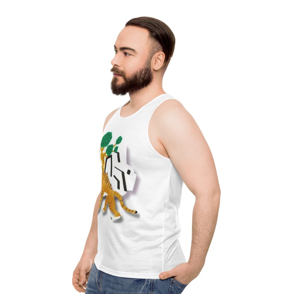 Retro tiger with comedic expression on unisex tank top - men side