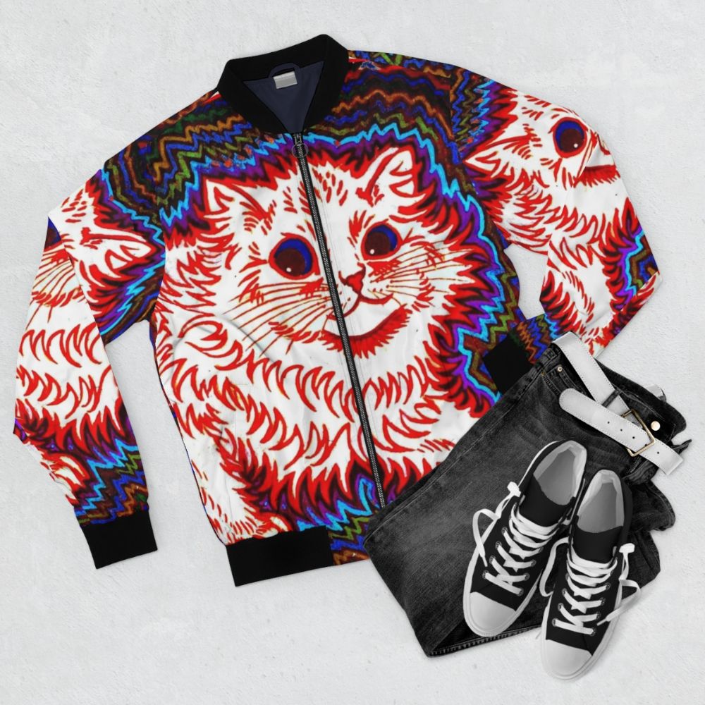 Vintage Louis Wain inspired abstract psychedelic orange cat bomber jacket - Flat lay