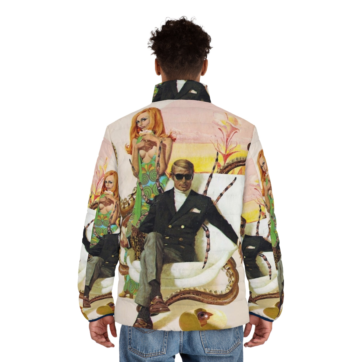 Agent Lovecraft cosmic horror inspired puffer jacket with surreal, pulp, and vintage design elements - men back