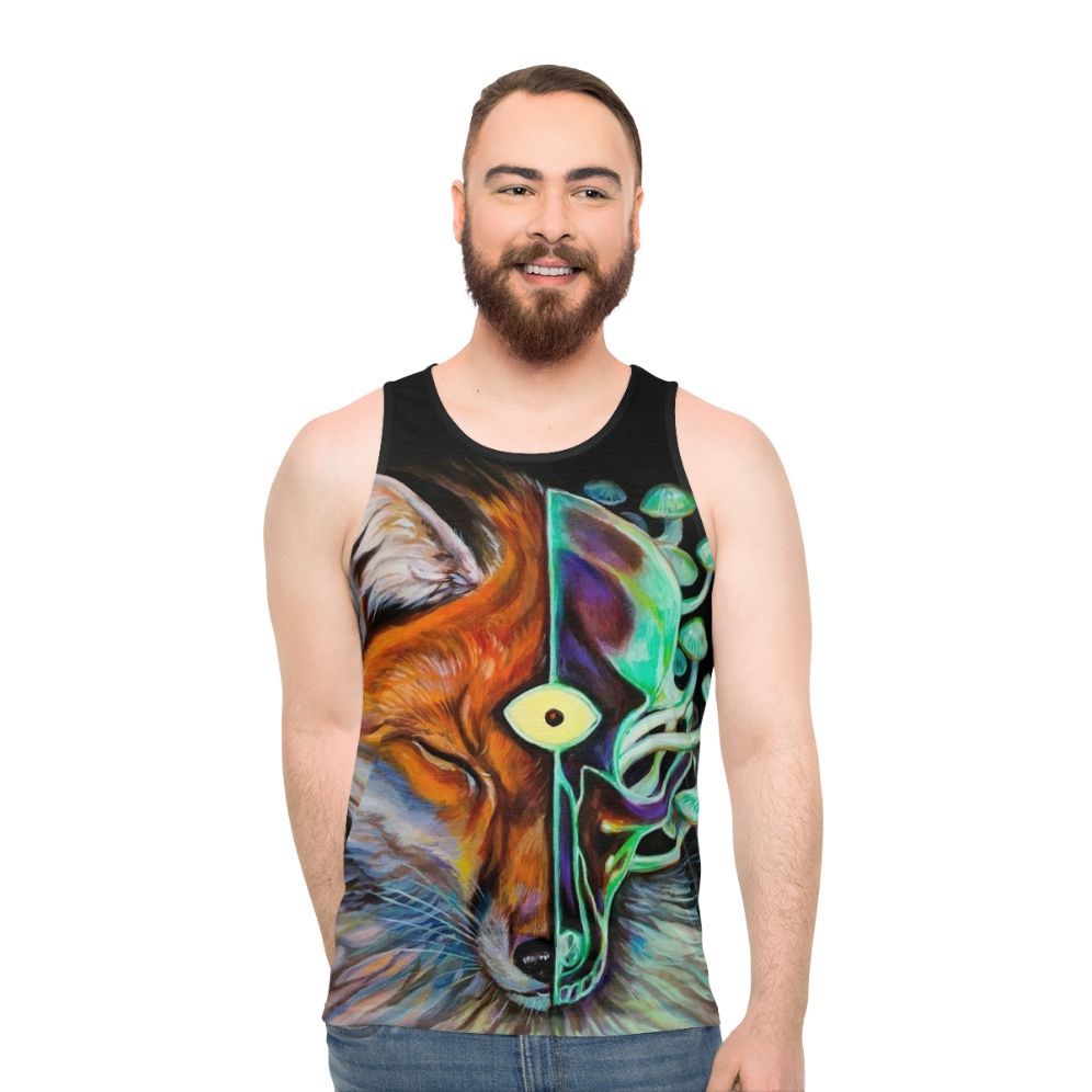 Enlightened unisex tank top with psychedelic third eye and skull design - men