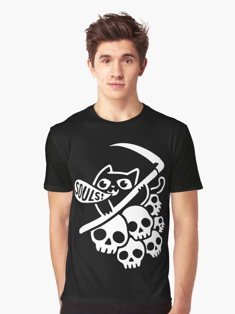 "Cat Got Your Soul?" graphic t-shirt featuring a cat and grim reaper design - Men