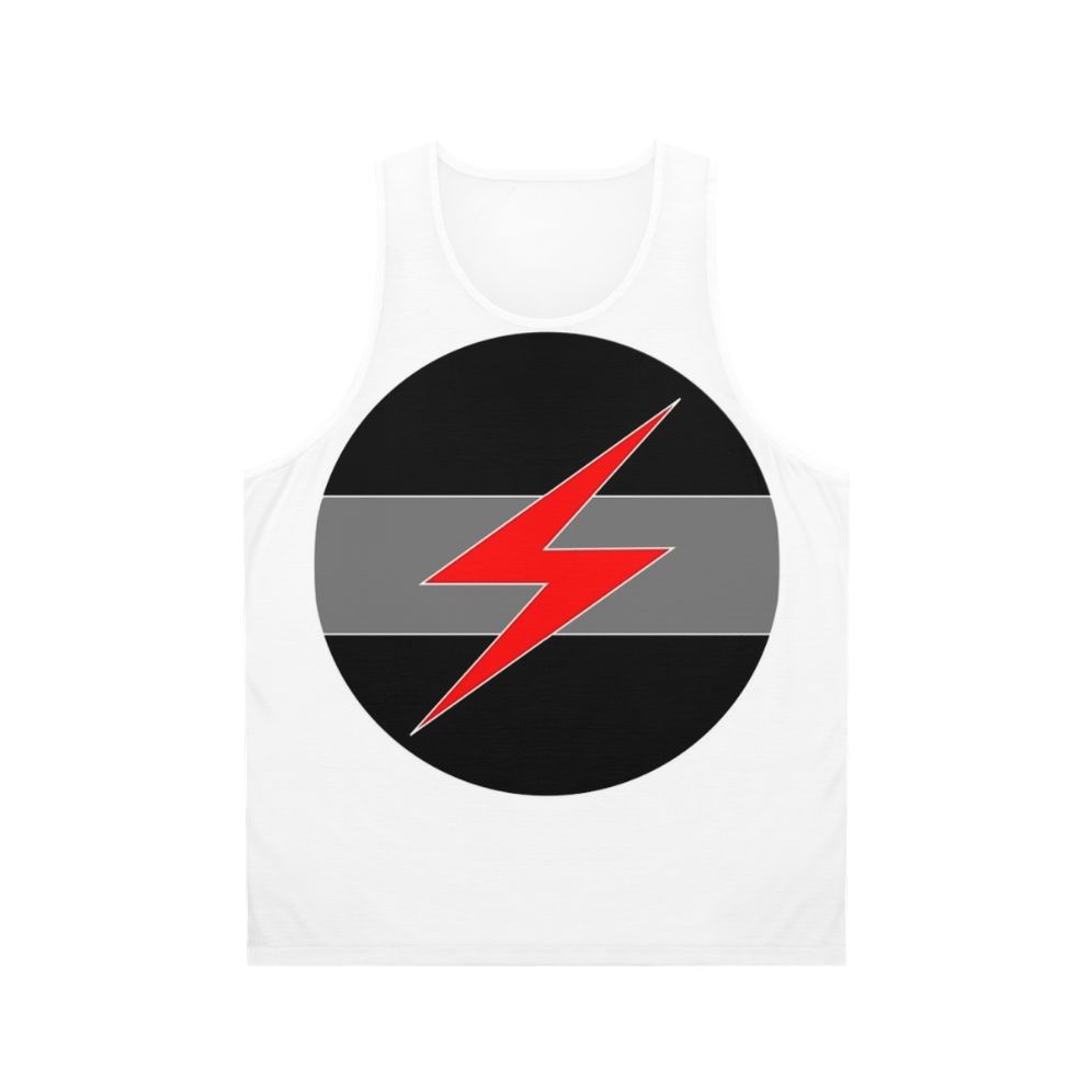 Grey unisex tank top with Throbbing Gristle industrial music band logo