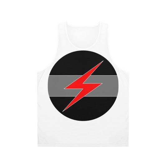 Grey unisex tank top with Throbbing Gristle industrial music band logo