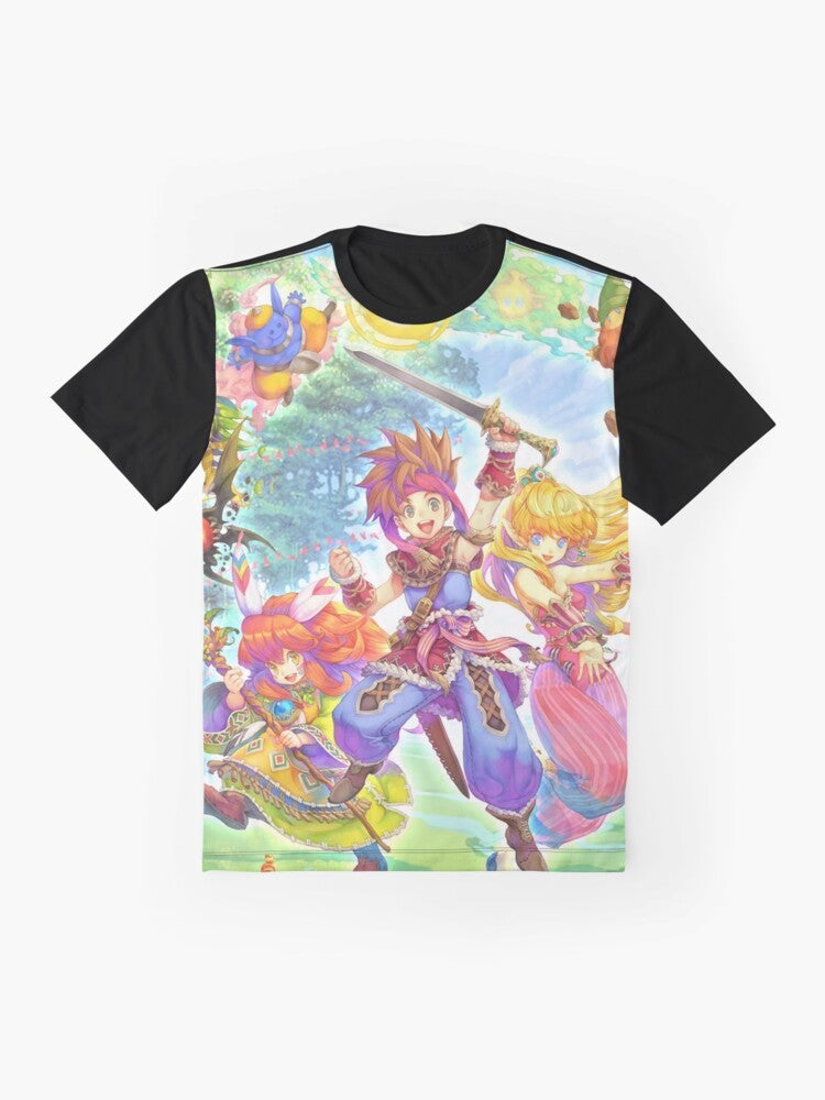 Secret of Mana retro RPG video game graphic t-shirt design featuring magic, mage, and warrior characters - Flat lay