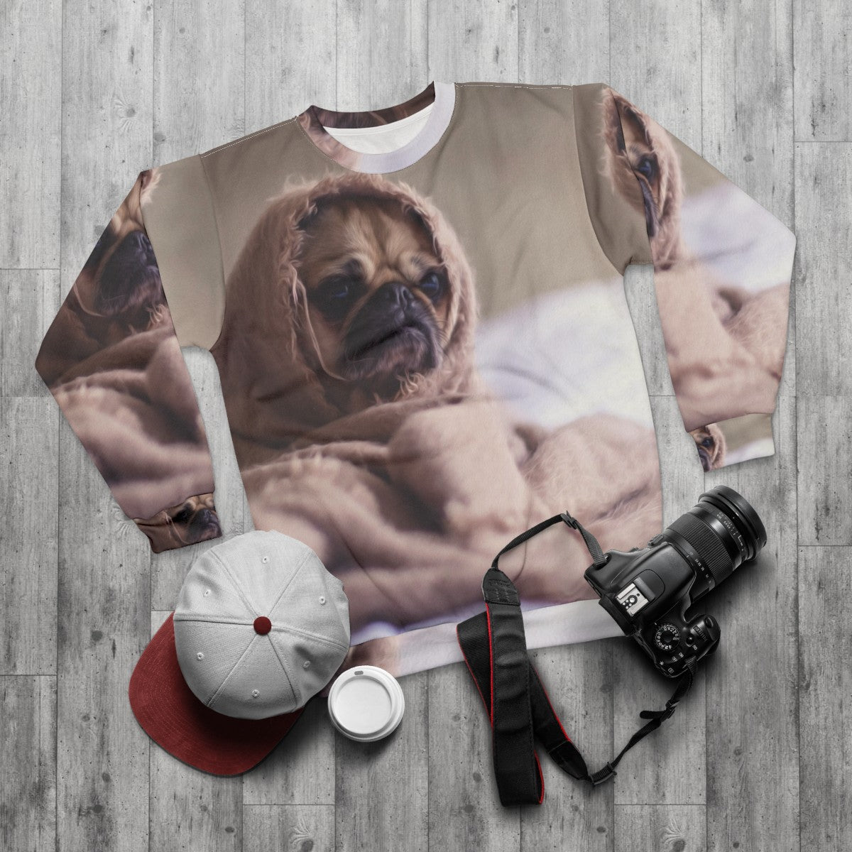 Pug Dog Sad Sweatshirt with Comfortable Animal Print Design - flat lay