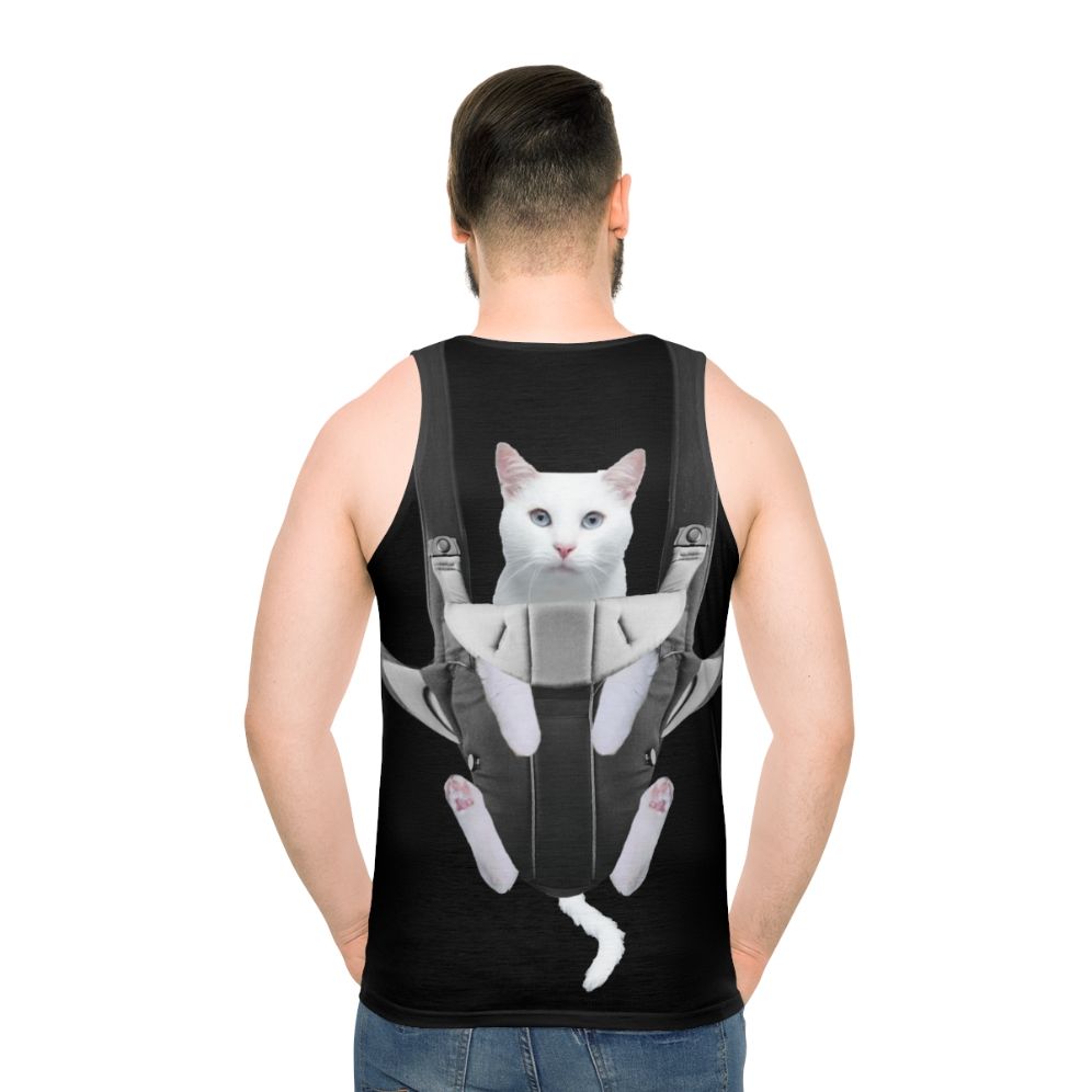 Cute tabby cat in a baby carrier on a unisex tank top - men back