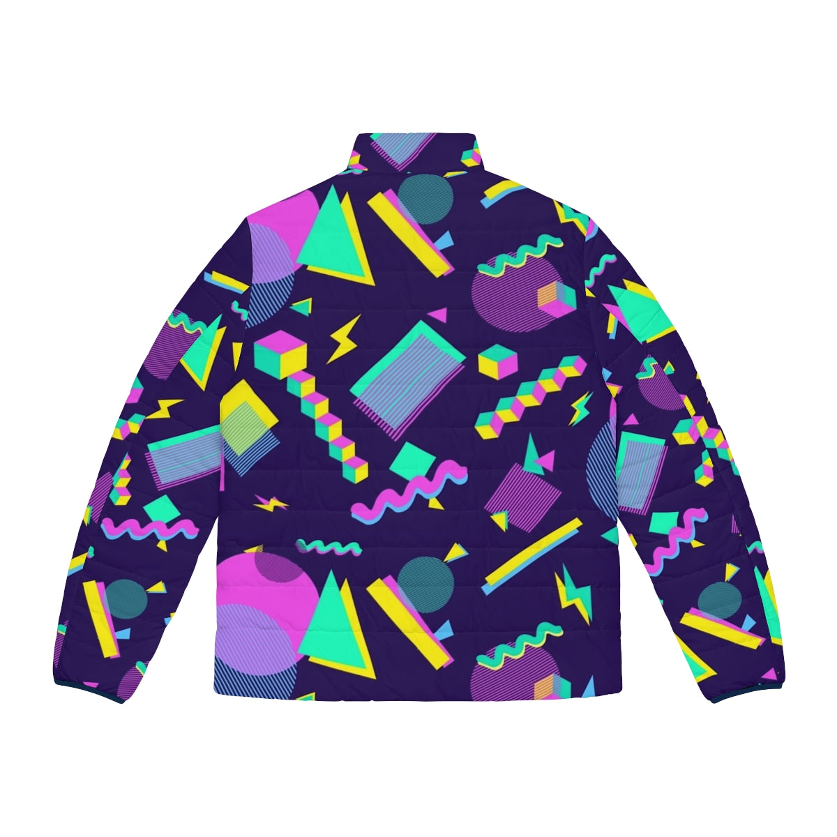 Colorful retro puffer jacket with geometric shapes and vaporwave aesthetic - Back