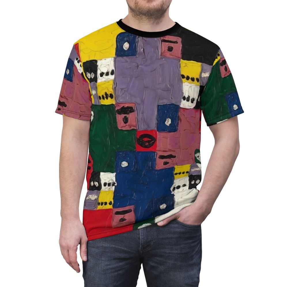 Vibrant abstract art t-shirt featuring colorful geometric patterns and cosmic references inspired by the iconic designs of artist Alfred Jensen - men front