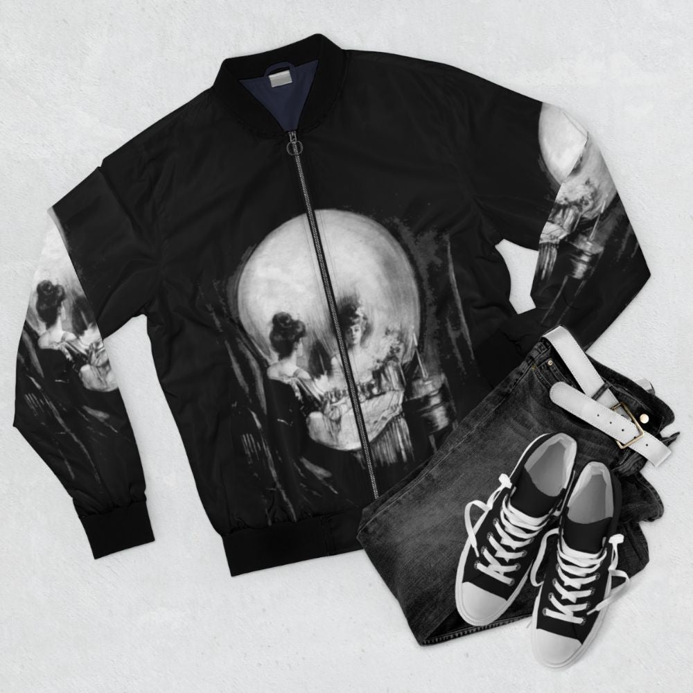 All is Vanity bomber jacket featuring a monochrome skull and skeleton design, inspired by the classic artwork of Charles Allan Gilbert. - Flat lay