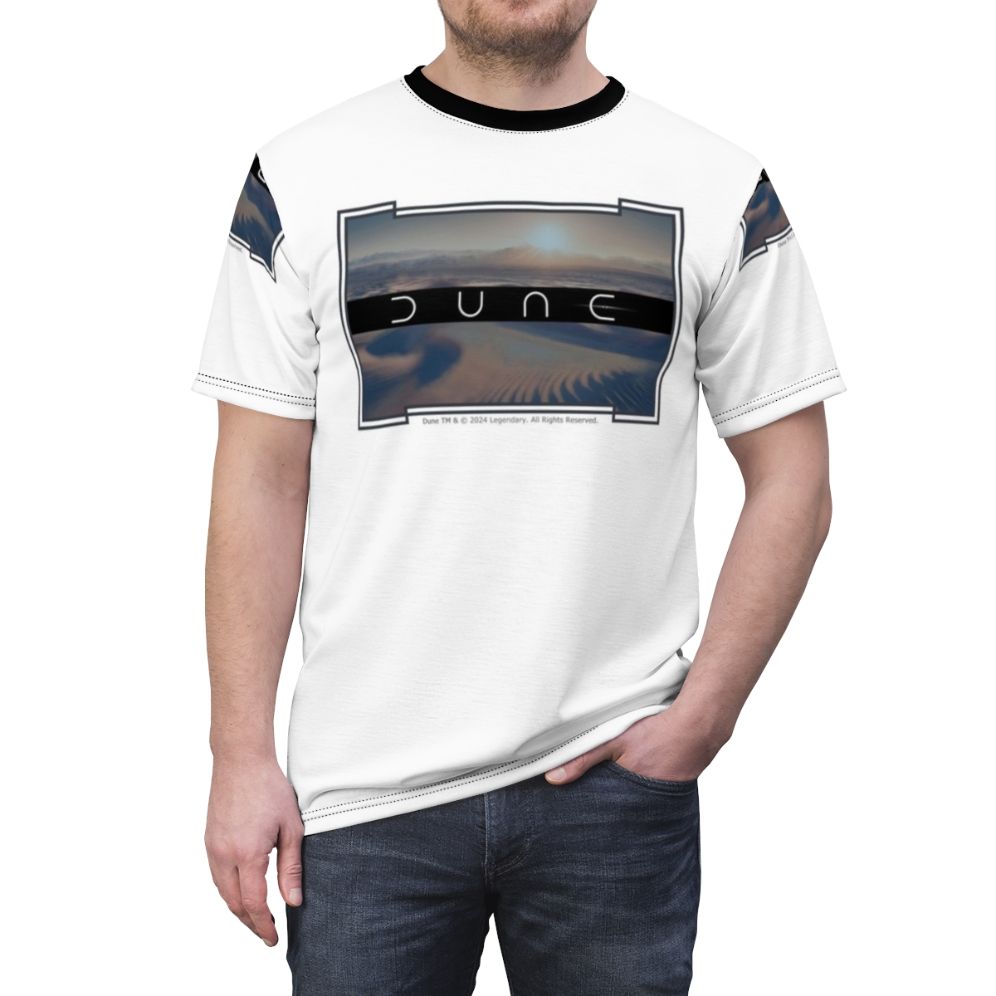 Dune-inspired desert planet sci-fi t-shirt with cinematic design - men front