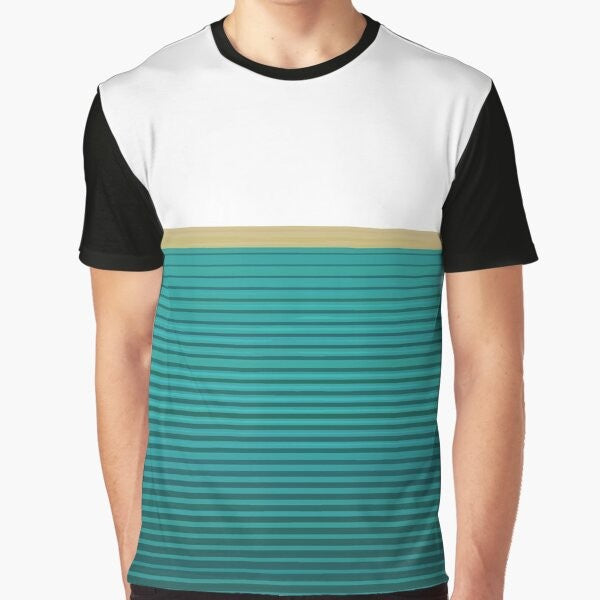 Graphic t-shirt featuring an abstract design in teal, gold, and black colors, with a "Alive with Pleasure Hopefully" text element.