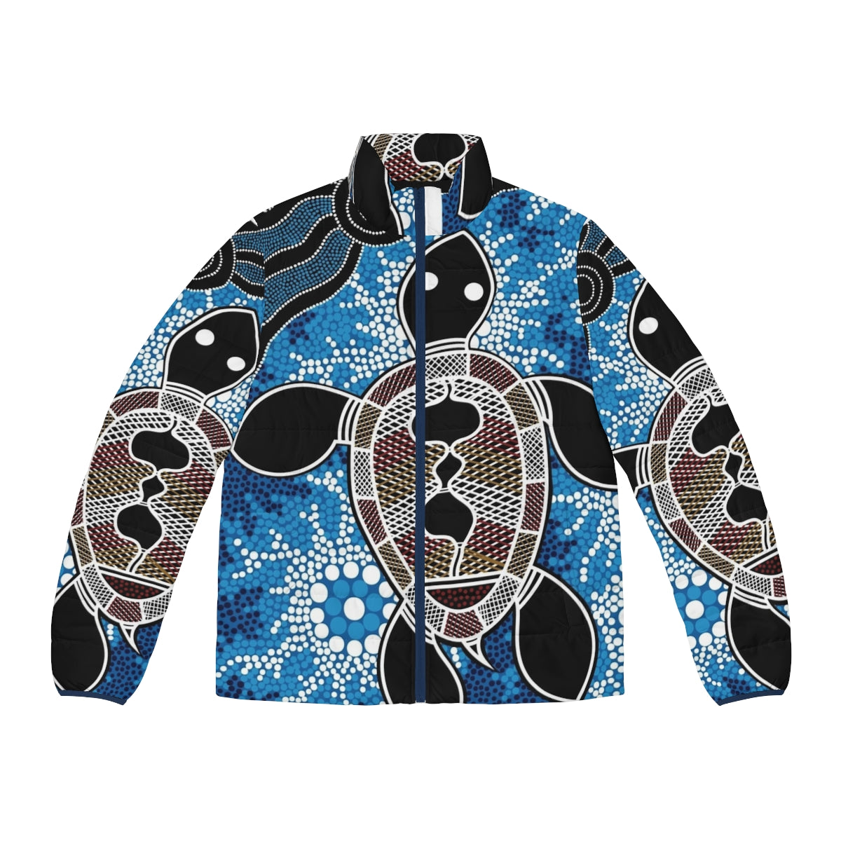 Authentic Aboriginal Art Sea Turtles Puffer Jacket, featuring indigenous Australian dreamtime art