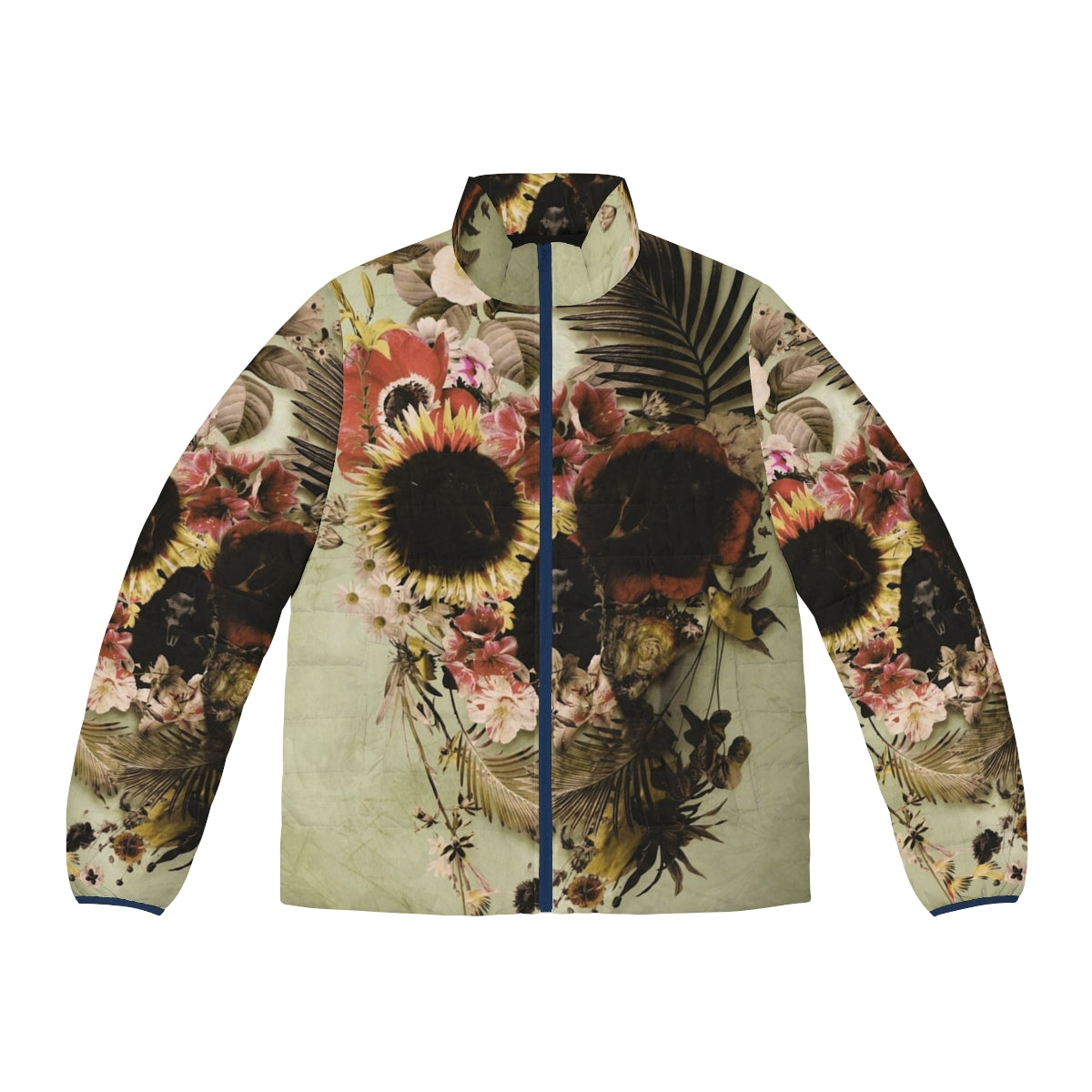 Garden Skull Light Puffer Jacket featuring floral skull art design