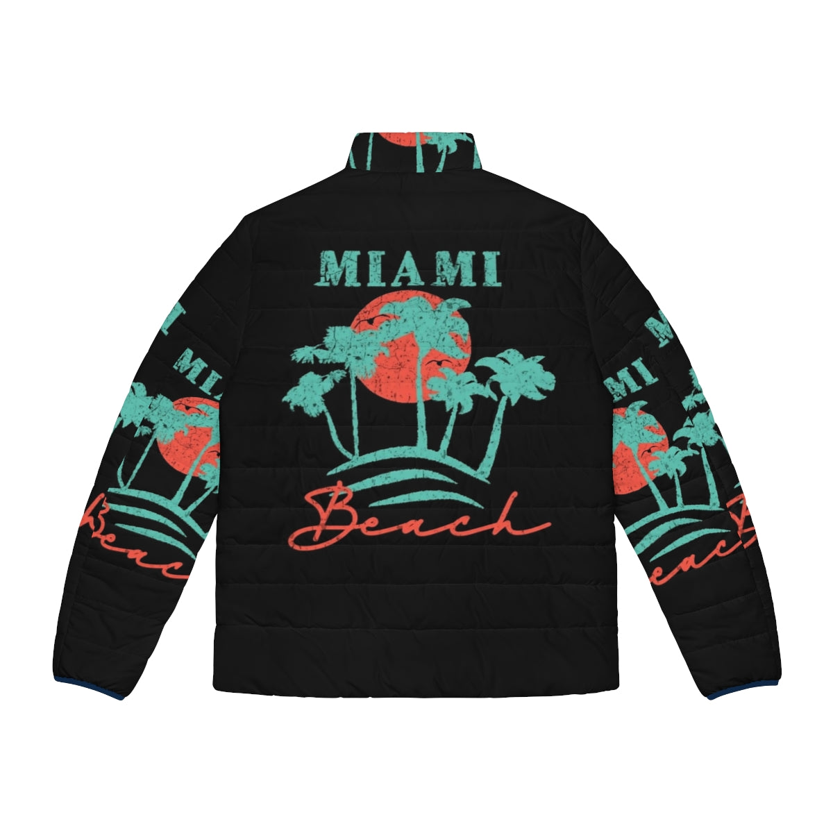 Vintage Miami Beach Retro Sunset Distressed Puffer Jacket - Back