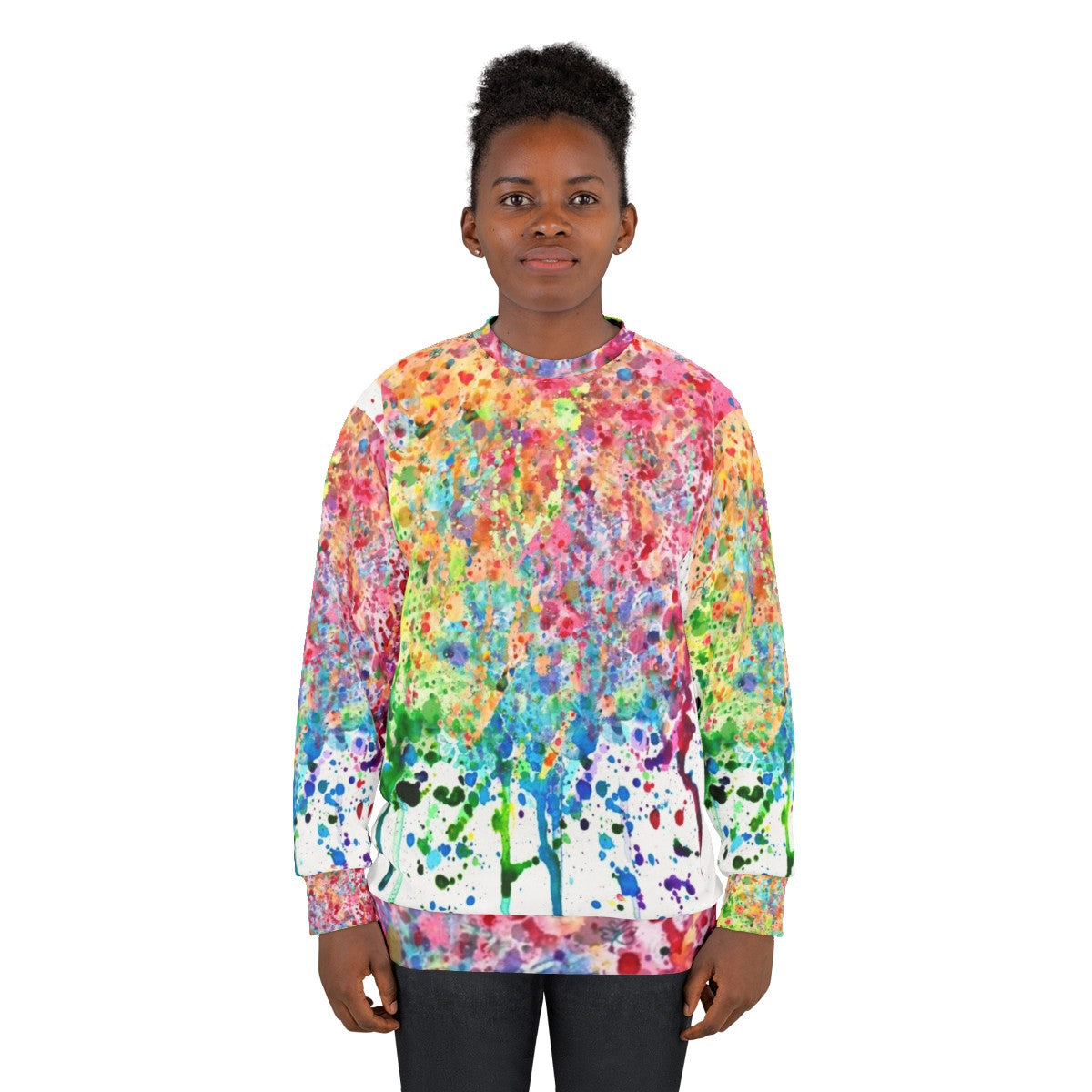 Colorful rainbow paint splatter drip design on a sweatshirt - women