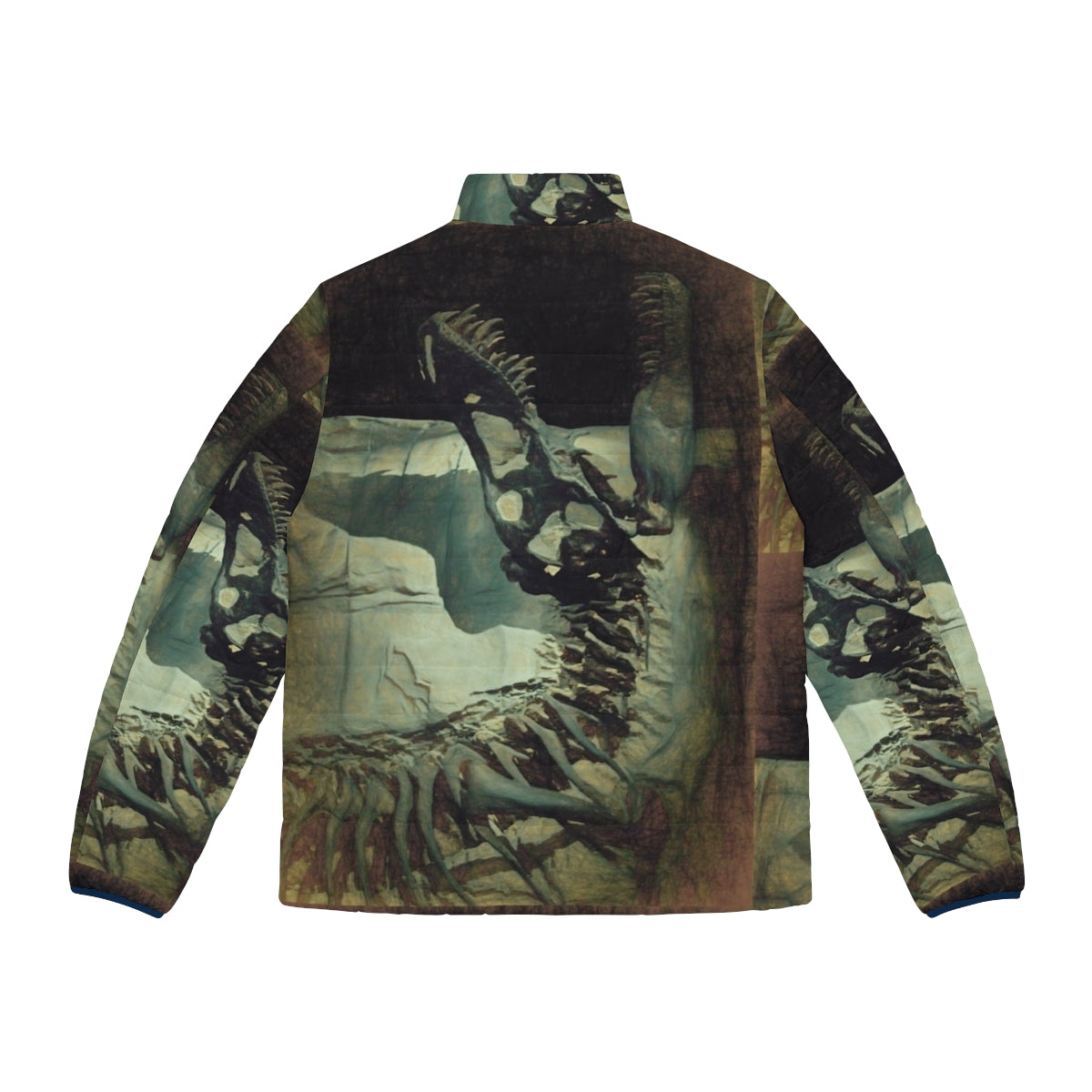 Puffer jacket with a dinosaur fossil bones and "Bite Me" design - Back