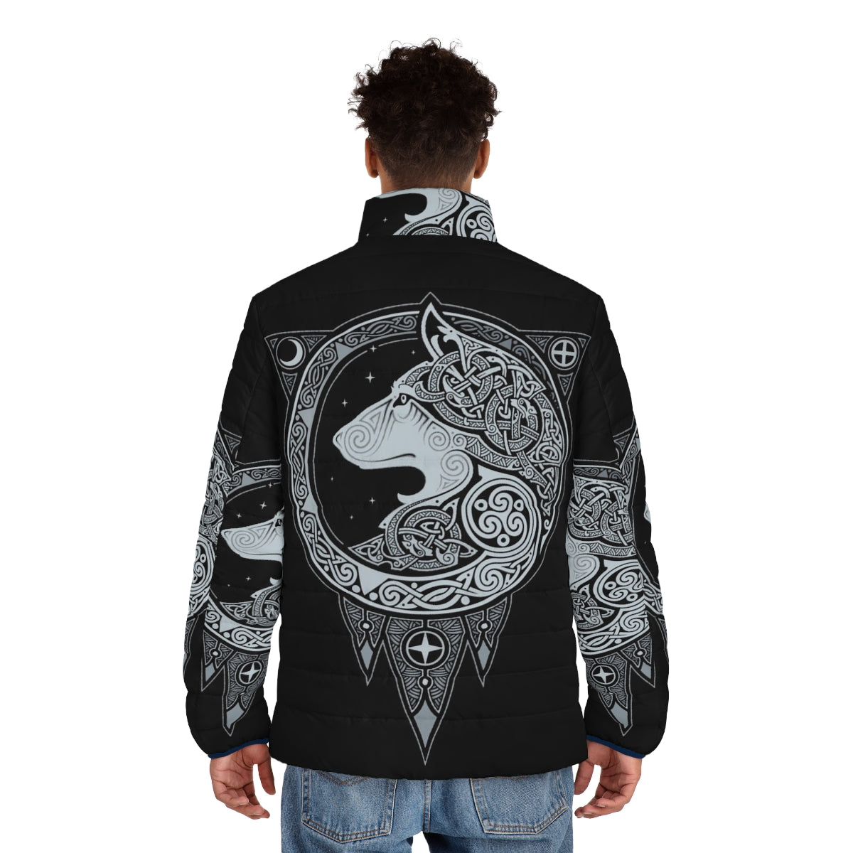 Norse Ulv Silver Puffer Jacket with Mystical Wolf Graphic - men back