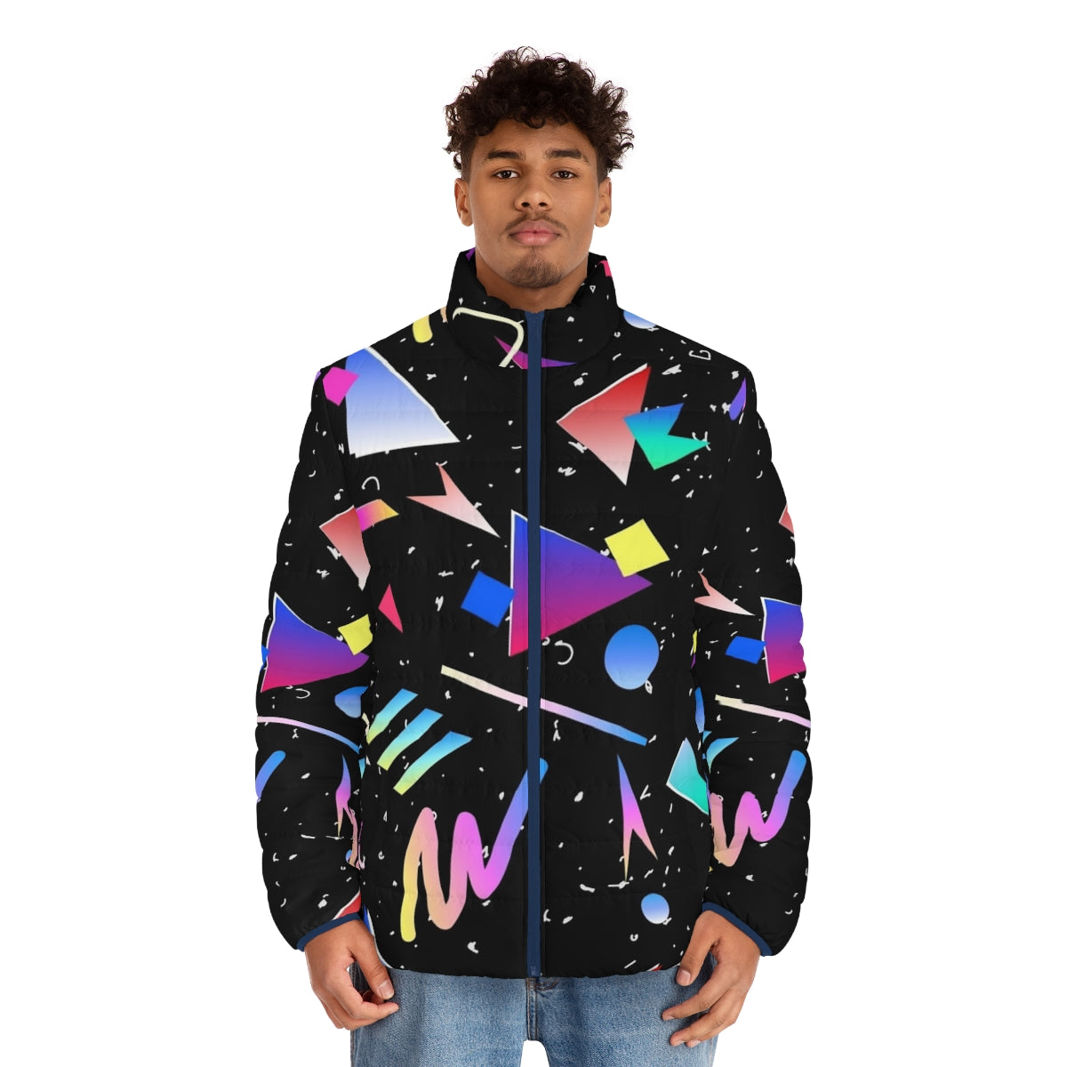 Black puffer jacket with abstract 90s 80s retro pattern - men front