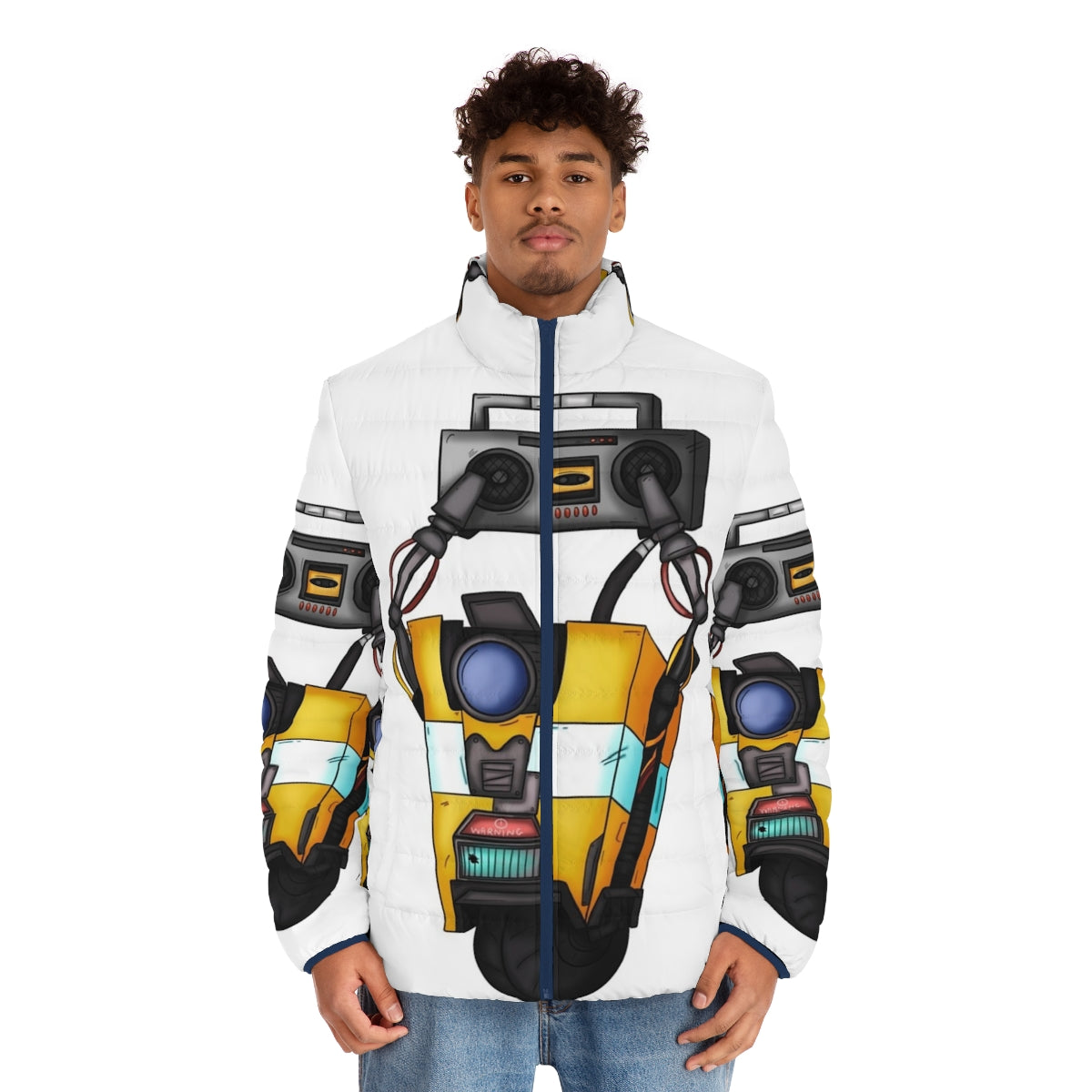 Borderlands Claptrap Boombox Puffer Jacket with a robotic design - men front