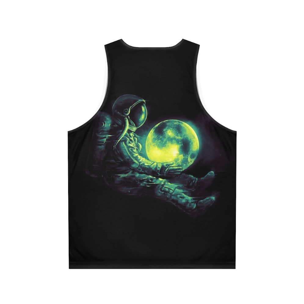 Unisex tank top with a cosmic, galactic design featuring a moon and astronaut - Back