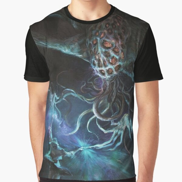 Intergalactic Alien Tentacle Graphic T-Shirt with a psychedelic, Lovecraft-inspired design featuring a blue alien creature with tentacles against a starry, galactic backdrop.