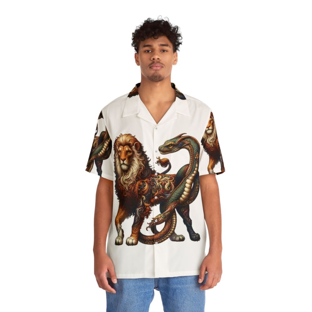 Embroidered chimera Hawaiian shirt with legendary fantasy creatures - People Front