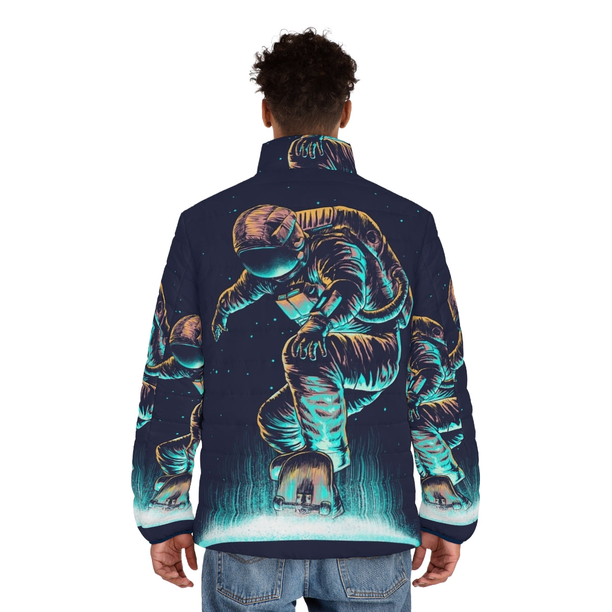 Cosmic Grind Space Puffer Jacket featuring a surreal, neon-lit space-inspired design - men back