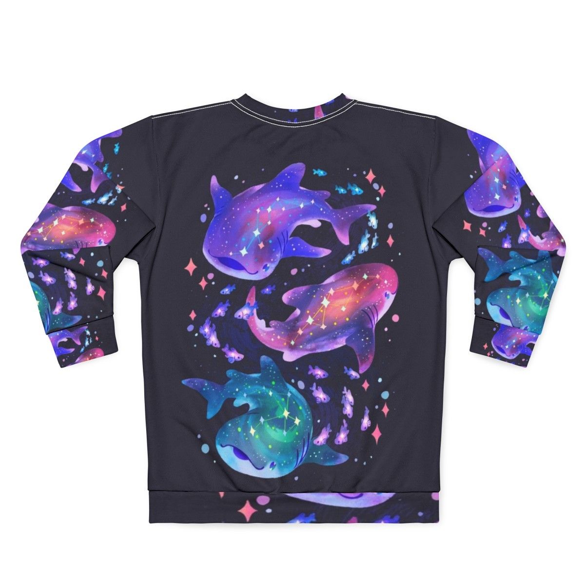 Cosmic whale shark graphic printed on a purple sweatshirt - Back