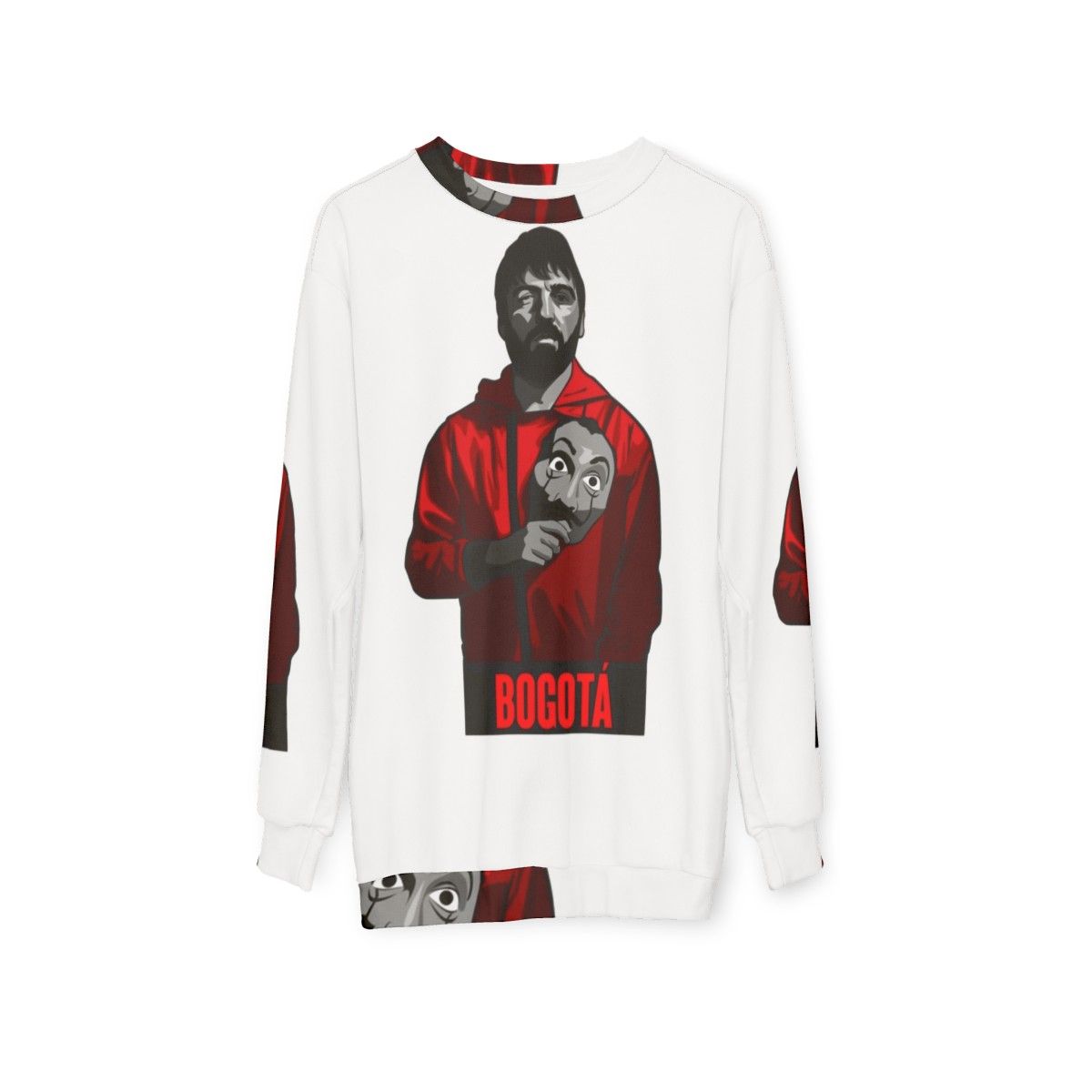 Money Heist Bogota Sweatshirt featuring Netflix 'La Casa de Papel' fan art - hanging