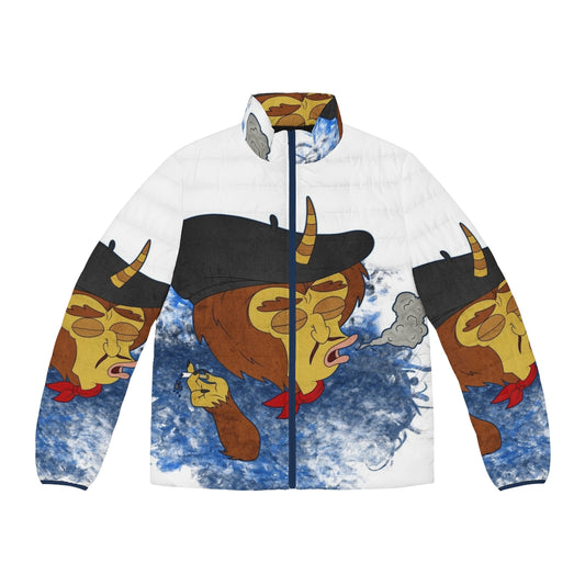 Big Mouth Maury Puffer Jacket with blue smoke design