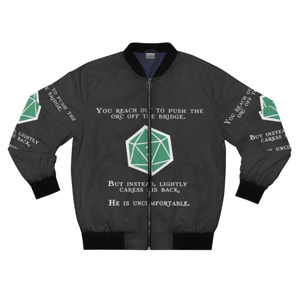 Orc-themed bomber jacket with a natural 1 design, perfect for D&D fans and tabletop RPG enthusiasts.