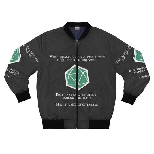 Orc-themed bomber jacket with a natural 1 design, perfect for D&D fans and tabletop RPG enthusiasts.