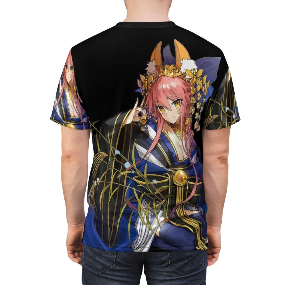 Stylized illustration of Tamamo No Mae, a character from Japanese folklore, featured on a t-shirt. - men back