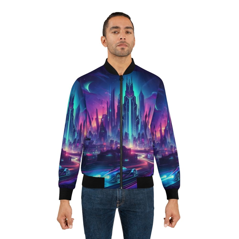 Futuristic city cyberpunk bomber jacket with neon lights and cityscape design - Lifestyle