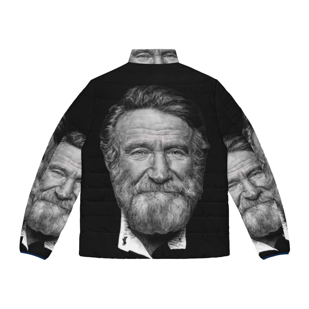 A puffer jacket featuring a portrait of the iconic actor and comedian Robin Williams. - Back