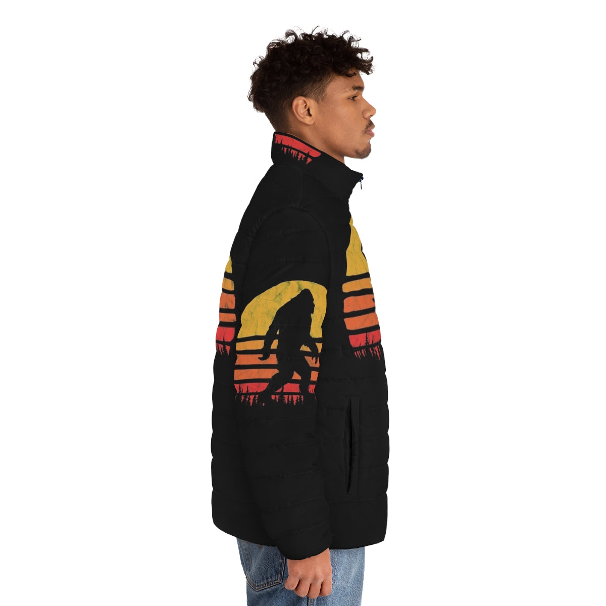 Retro puffer jacket with bigfoot silhouette and vintage sunset design - men side right