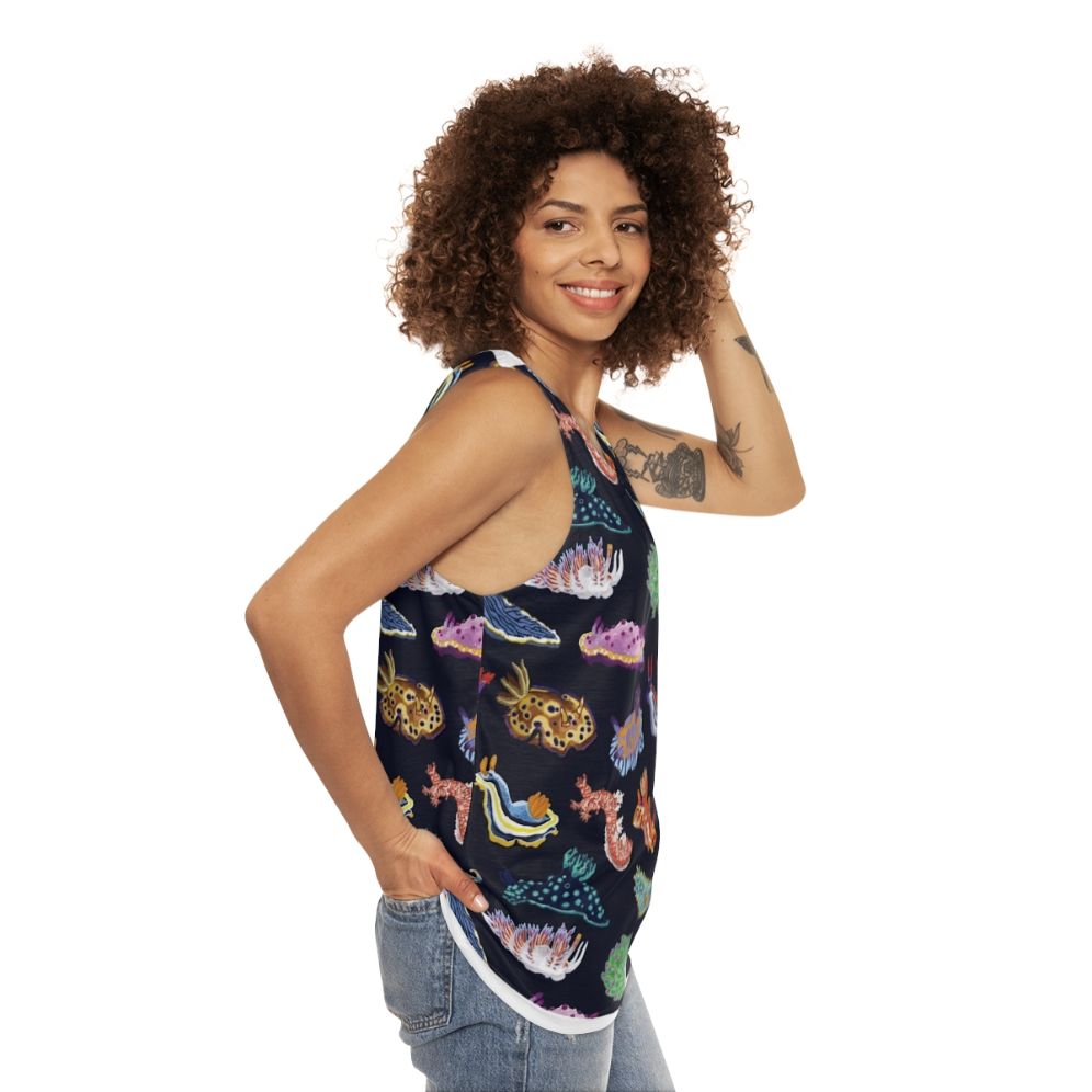 Colorful unisex tank top with nudibranch sea slug design - women side